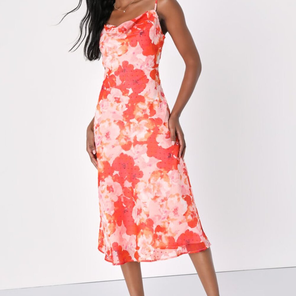 Lulus Fabulous Destiny Pink Floral Swiss Dot Cowl Neck Midi Dress - Size M